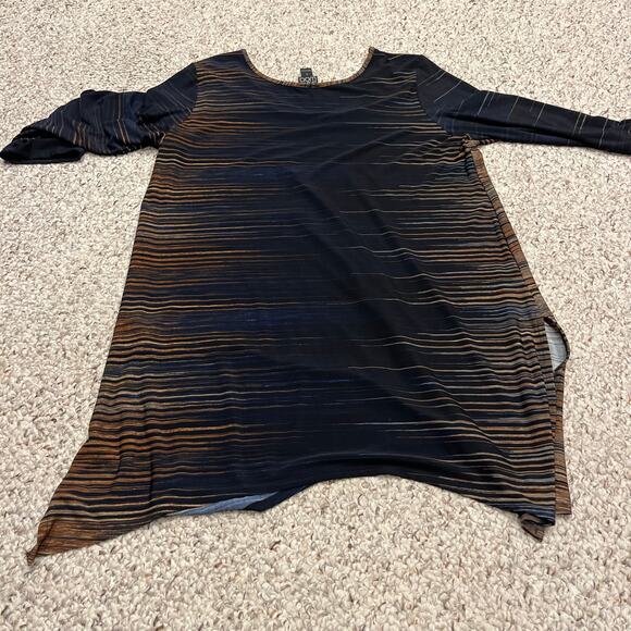 Clara Sun Woo Ombre Striped V Neck Tunic Top Sz L Split Hem Brown Blue Casual - Picture 4 of 6